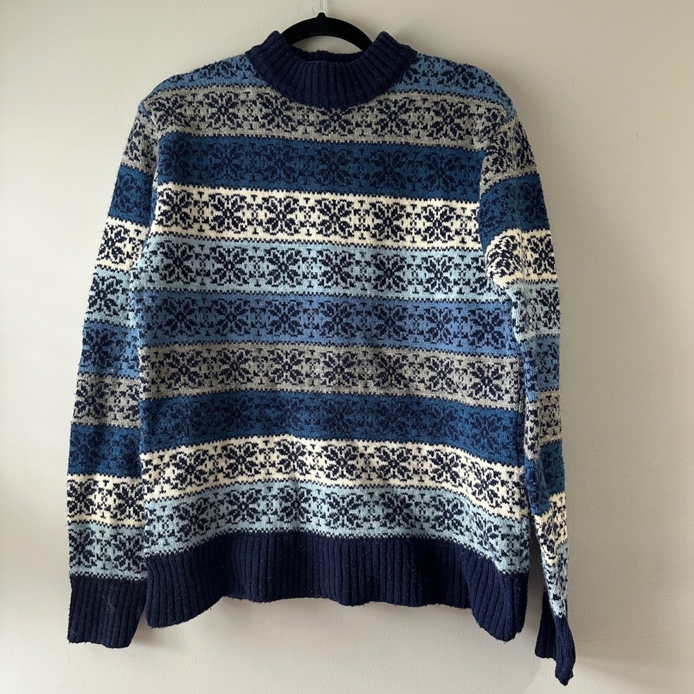 Mens Fair Isle Snowflake Knit Sweater Mock‎ Neck Blue Gray White